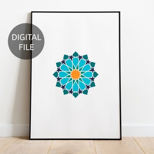 May include: A digital print featuring a geometric pattern in shades of blue, green, and orange. The pattern is reminiscent of Islamic art and architecture.