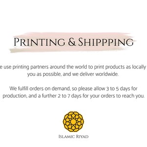 May include: A pink and white watercolor-style banner with the text "PRINTING & SHIPPING" in black. The text below the banner explains that the company uses printing partners around the world to print products as locally as possible and that they deliver worldwide. The text also explains that orders are fulfilled on demand and that customers should allow 3 to 5 days for production and 2 to 7 days for delivery. The text is followed by a yellow geometric pattern with the text "ISLAMIC RIYAD" in black.