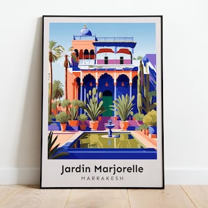 Jardin Marjorelle Reiseplakat | Lebendige marokkanische botanische Kunstdruck | Marrakesch Wandkunst