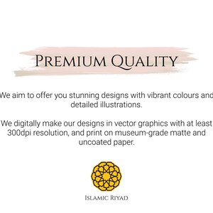 May include: A pink and white watercolor-style banner with the text "PREMIUM QUALITY" in black. The text below the banner describes the high quality of the designs and printing process. The text includes the phrase "300dpi resolution" and "museum-grade matte and uncoated paper". The text is followed by a yellow geometric design and the text "ISLAMIC RIYAD".