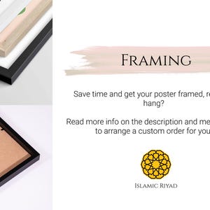 May include: A framed poster with a white background and a black frame. The poster is ready to hang and has a logo for Islamic Riyad.