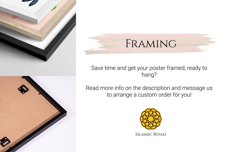May include: A framed poster with a white background and a black frame. The poster is ready to hang and has a logo for Islamic Riyad.