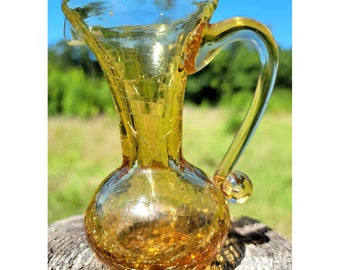 Amber Crackle Glass Pitcher Hand Blown Pontil Mark Air Bubbles 4 3/4" Art Glass