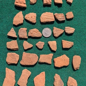 Puede incluir: Una colección de fragmentos de cerámica de color marrón rojizo de varias formas y tamaños, algunos con marcas lineales. Se incluye una moneda de plata para la escala, sobre un fondo verde. Los fragmentos parecen ser de un recipiente más grande.