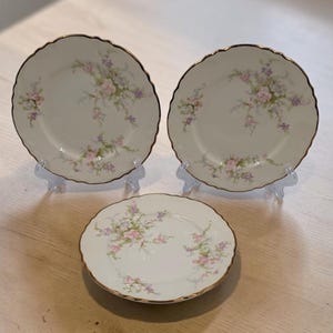 May include: Three antique porcelain plates with a floral design. The plates have a scalloped edge with a gold trim. The floral pattern includes pink and purple flowers with green leaves. The plates are displayed on clear stands.