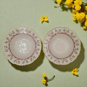 Puede incluir: Dos cuencos de cerámica blanca con un patrón floral decorativo. Los cuencos tienen un borde festoneado con ribete dorado, un anillo interior morado y un diseño de hojas verdes y pequeñas estrellas. Los cuencos están sobre una superficie verde claro con flores amarillas.