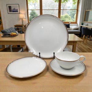 May include: A white porcelain dish set with a silver trim. The set includes a large round plate, an oval plate, a teacup, and a saucer. The dishes are arranged on a wooden surface.