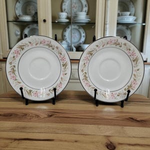 May include: Two white saucer plates with a floral design in pink and green, displayed on black metal stands. The plates have a black rim and a central indentation for a cup. The background shows a cabinet with more dishware.