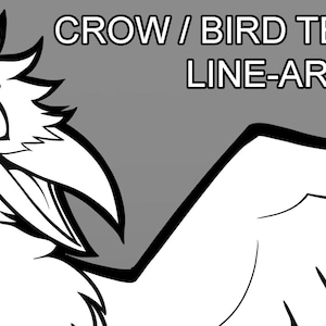 May include: Line art illustration of a crow or bird template. The image features a detailed outline of a bird's head and wing, with the text "CROW / BIRD TEMPLATE LINE-ART" and the name "FRINDLE" in the image.