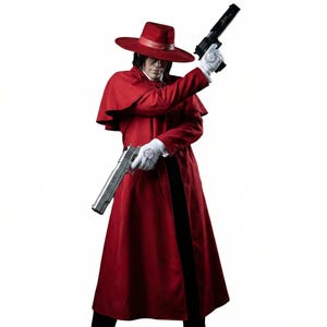 May include: A long red coat with a matching wide-brimmed hat, white gloves featuring a circular emblem, and two large handguns. One black handgun is held aloft, while a silver handgun is held at the side. The silver gun has text engraved on it.