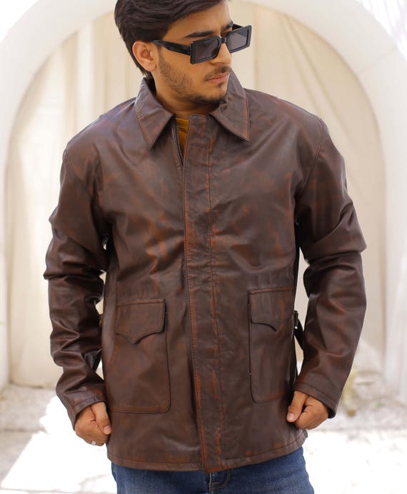 TLS Indiana Jones Harrison Ford Style Distressed Cowhide Leather Jacket – Classic Biker – Copper Brown