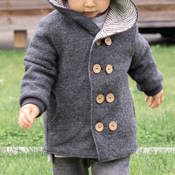 Walking jacket for children & babies with pockets, antrazith / white-black striped with bear ears size 74-134