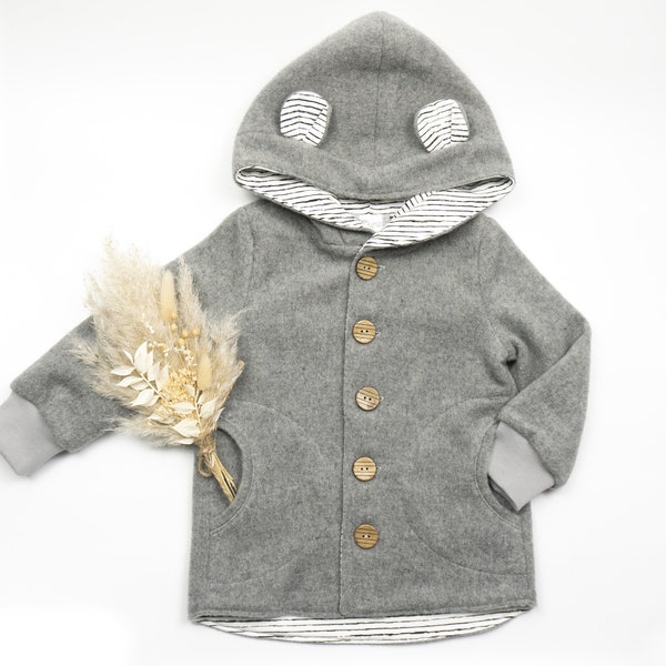 Walking jacket for children & babies with pockets, light grey / white-black striped with bear ears size 74-134