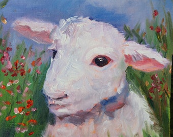 Angelic lamb painting angelcore pink bow lamb 5x5” original acrylic