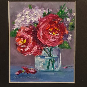 Rosa roja con hortensias, pintura original floral, pequeña obra de arte al óleo, arte mural de flores, rosas rojas, 19 x 18 cm