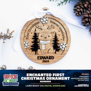 Enchanted First Christmas Ornament - Reindeer -SVG, PDF, AI File Download - Works with all Laser Types