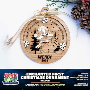 Enchanted First Christmas Ornament - Raccoon -SVG, PDF, AI File Download - Works with all Laser Types