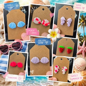 May include: A collection of handmade earrings with a beach theme. The earrings feature various designs, including seashells, seahorses, and strawberries. The color palette includes blue, pink, red, and purple. The image includes the text "SHELL YEAH!", "BEACH DAYS", "SEA YOU SOON", "GOOD VIBES", "SUNSHINE", and "SWEET SUMMER".