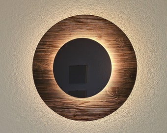 Wandlampe indirekt, moderne Wandbeleuchtung mit Acrylglasspiegel, Wohnzimmerlampe Altholz , LED Beleuchtung warmweiß