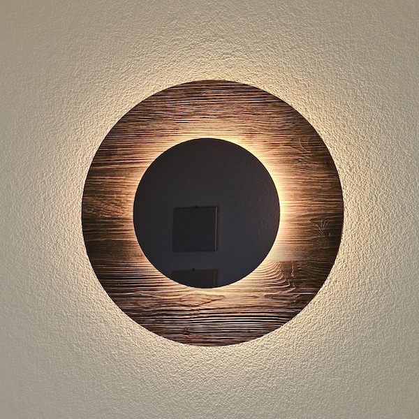 Wandlampe indirekt, moderne Wandbeleuchtung mit Acrylglasspiegel, Wohnzimmerlampe Altholz , LED Beleuchtung warmweiß