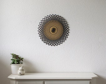 Wanddeko Holz Wohnzimmer, 3D Mandala, Geometrische Dekoration, 50x50 cm, schwarz und gold