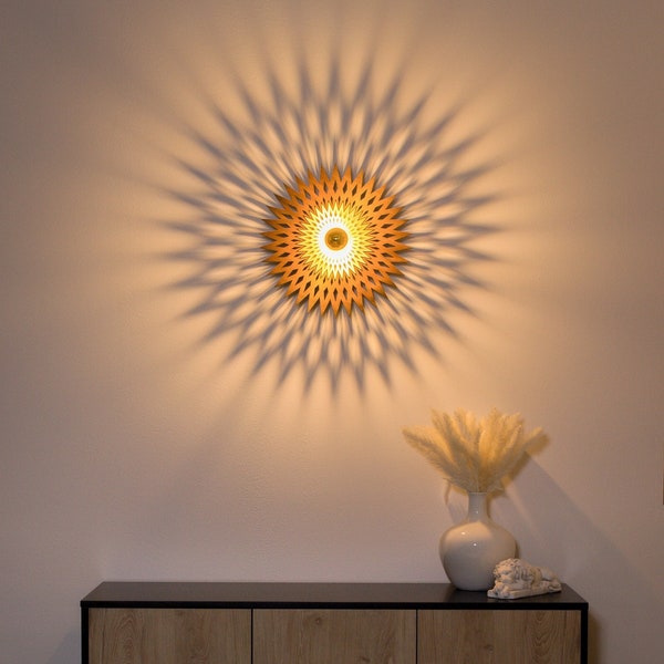 Wandlampe aus Holz, Mandala, Geometrischer Schatten, Schattenlampe, mit E27 Fassung
