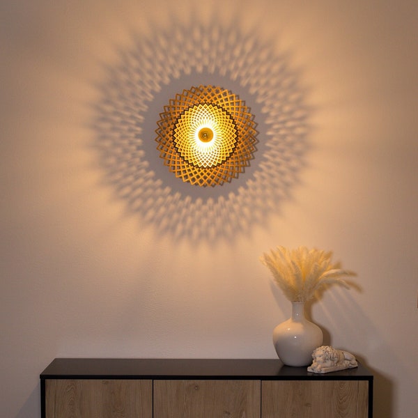 Wandlampe aus Holz, Mandala, Geometrischer Schatten, Schattenlampe, mit E27 Fassung