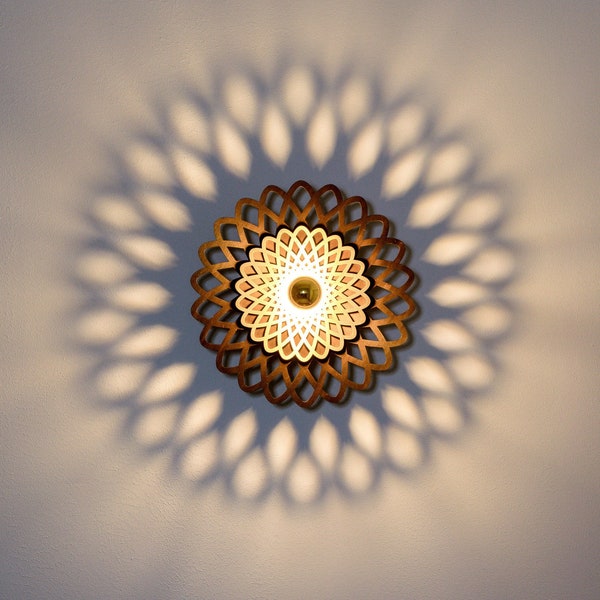 Lampe d’ombre, lampe de mur en bois, lampe de Mandala, lumière de mur en bois, lampe géométrique, lumière d’ombre de mur, lumière de mur d’ornement