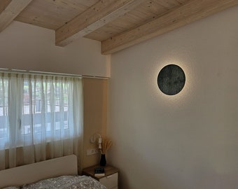 Wandleuchte Holz rund, Ø 30/40/50 cm, flach indirektes Licht, dekorative Beleuchtung, Verbranntes Holz Optik