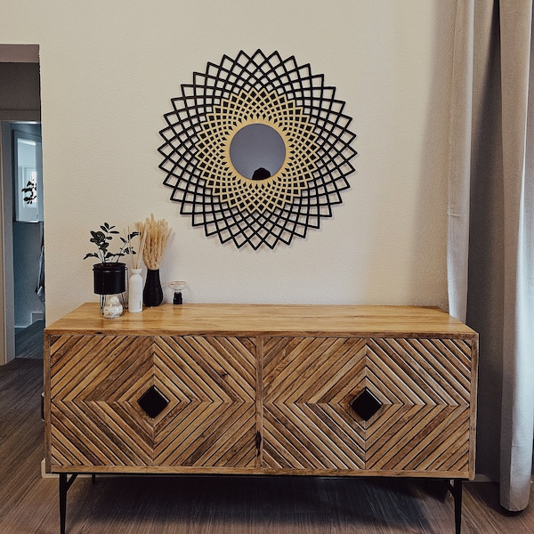 Wanddeko aus Holz, Stilvolle Zimmerdekoration mit Spiegel, Großes Wandbild, Art Deco Stil Deko für Büro oder Wohnung, schwarzer Spiegel