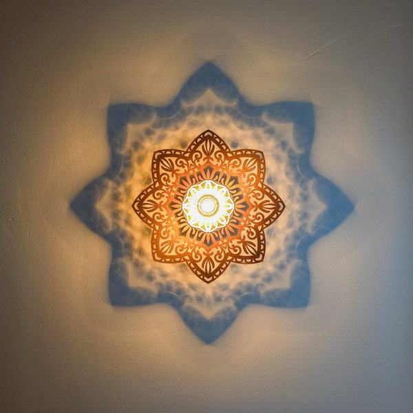 Lampe design en bois, motif oriental, lampe ombre moderne, mandala lumineux, applique murale salon