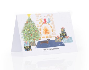 Dachshund Christmas Card | Watercolour Dog & Fireplace