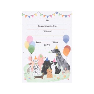 May include: A blank dog party invitation with a colorful banner at the top and a group of dogs wearing party hats and holding balloons. The text on the invitation reads "To", "You are invited to", "Where", "Date", "RSVP", and "Time".