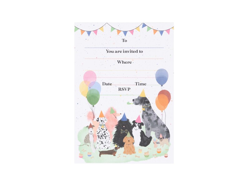 May include: A blank dog party invitation with a colorful banner at the top and a group of dogs wearing party hats and holding balloons. The text on the invitation reads "To", "You are invited to", "Where", "Date", "RSVP", and "Time".