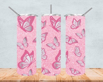 butterfly png, butterfly tumbler wrap, pink tumbler wrap, pink butterfly tumbler png, pink glitter tumbler wrap, pink tumbler design