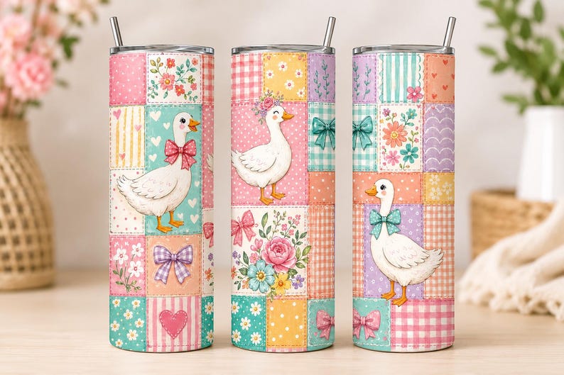May include: Three cylindrical metal tumblers with lids and straws, featuring a patchwork design of pastel squares. The pattern includes white ducks wearing bows, floral arrangements, hearts, and gingham prints in shades of pink, yellow, and teal.