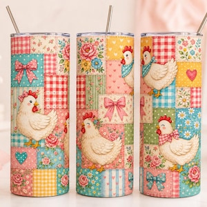 May include: Three cylindrical tumblers with metal straws, each featuring a patchwork design of white chickens, pink bows, red and blue gingham, floral patterns, and small hearts in a soft color palette of pink, blue, yellow, and green.