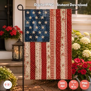 May include: A digital garden flag design featuring a patchwork American flag pattern. The blue canton displays white stars on various blue fabric textures. The stripes consist of alternating red and cream floral, polka dot, and gingham fabric strips.