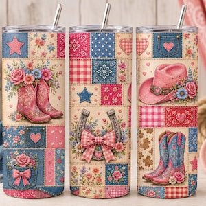 May include: Three stainless steel tumblers with straws, each featuring a patchwork design of denim, pink gingham, and floral patterns. The graphics include pink cowboy boots, a pink cowboy hat, a horseshoe with a bow, and heart-shaped pockets.