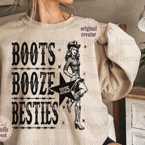 Boots Booze And Besties 2025 PNG, Retro Cowgirl, Stiefel und Alkohol, Whisky, Girls Trip 2025, Country Western, Besties 2025, Cowgirl Bach
