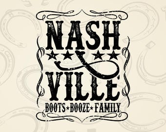 May include: A black graphic design on a light beige background featuring a repeating horseshoe pattern. The text reads NASH VILLE with four stars and a decorative flourish, followed by the words BOOTS, BOOZE, and FAMILY separated by stars.