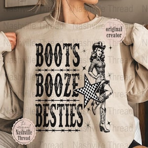 Boots Booze And Besties 2025 PNG, Retro Cowgirl, Stiefel und Alkohol, Whisky, Girls Trip 2025, Country Western, Besties 2025, Cowgirl Bach
