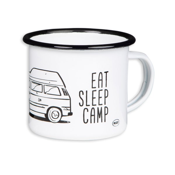 Emailletasse Eat Sleep Camp | im Retro design | Campingbus mit Hochdach Motiv | mit Campervan Zeichnung
