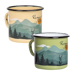 Enamel cup RESPECT NATURE | in retro design | green or beige | light and robust | for travel, camping | dishwasher safe 330ml