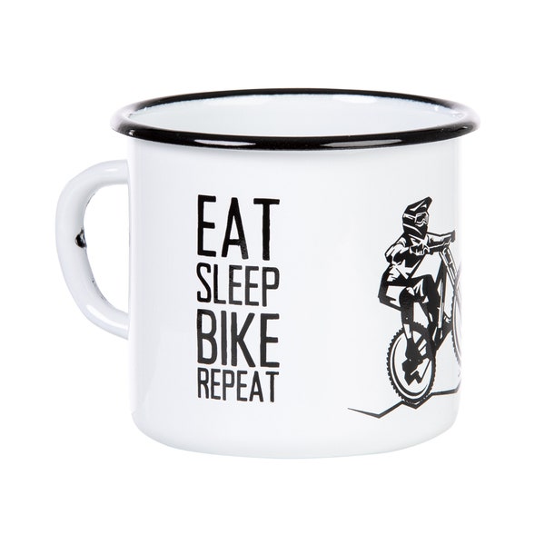 Emailletasse | Mountainbike MTB | Eat Sleep Bike Repeat | robuster Becher für Mountainbiker im Retro design