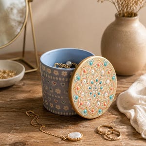 Peut inclure: Une boîte à bijoux en céramique bleu clair avec un couvercle décoratif orné d'un motif mandala doré, pêche et turquoise. La boîte est ouverte, révélant des bijoux à l'intérieur. Un collier et des bagues en or sont sur la surface en bois.