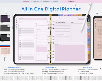 All in One Digital Planner, Premium Digital Planner 2023 2024 Undated ipad goodnotes notability Samsung, Digital journal