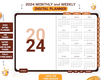 Monthly and weekly digital planner,  Monthly Digital Planner, Goodnotes Template, iPad Planner, Digital Journal Pdf, Goodnotes Stickers Boho