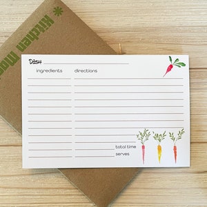 Conjunto de cartões de receitas orgânicas - Design de cenoura e rabanete 4"x6" - Itens essenciais de cozinha em branco - Conjunto de 10 - Perfeito para presentes e culinária