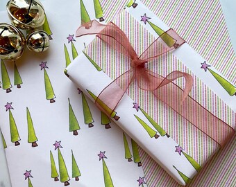Christmas Tree Wrapping Paper Double-Sided with Pink and Green Stripe 20"x29"
